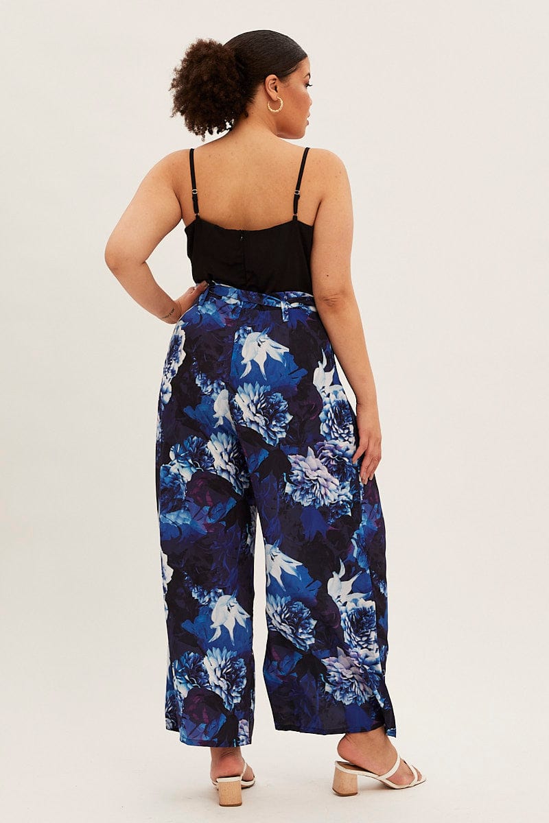 Blue Abstract Wide Leg Jumpsuit Sleeveless Cowl Neck | You + All