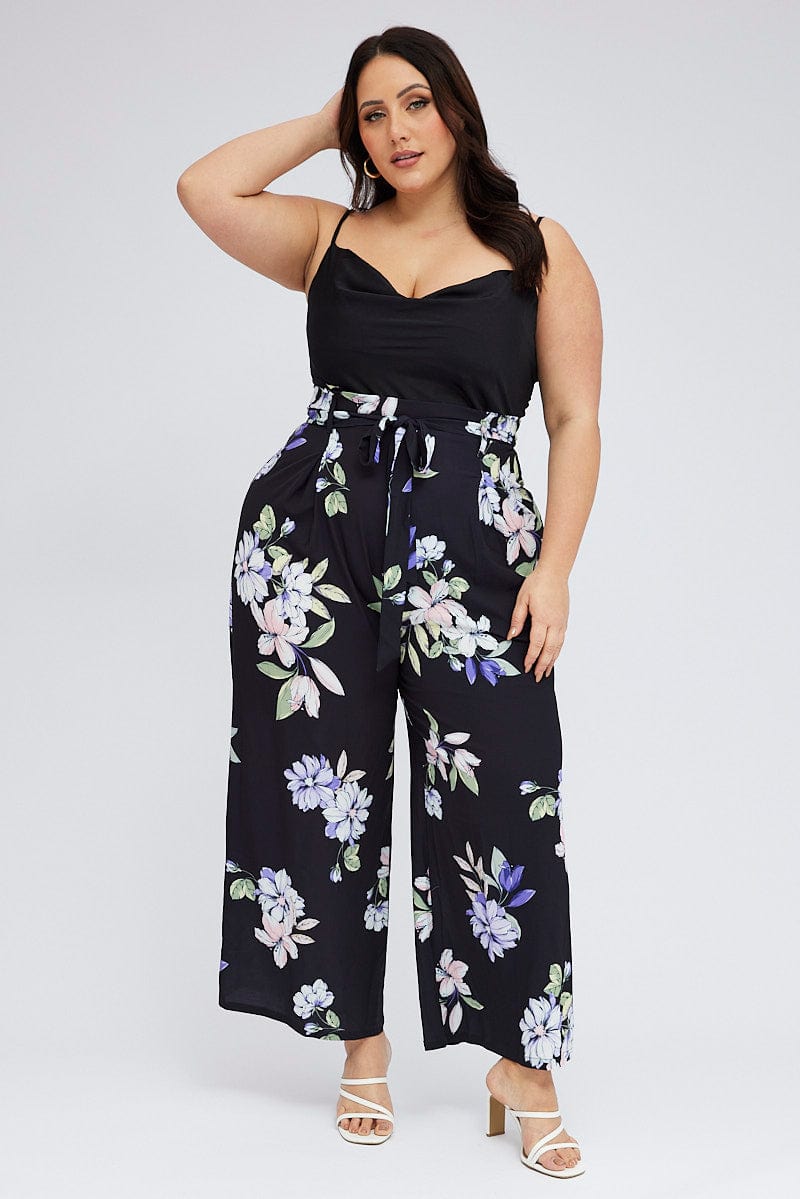 Blue Floral Cowl Jumpsuit Sleeveless Wide Leg for YouandAll Fashion