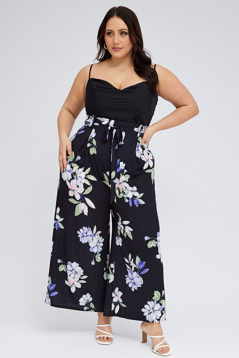 Blue Floral Cowl Jumpsuit Sleeveless Wide Leg for YouandAll Fashion