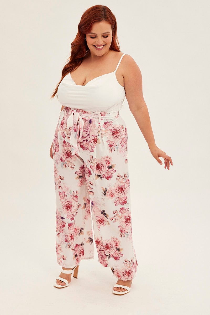 PINK FLORAL Jumpsuit Sleeveless Cowl Neck Wide Leg for YouandAll Fashion