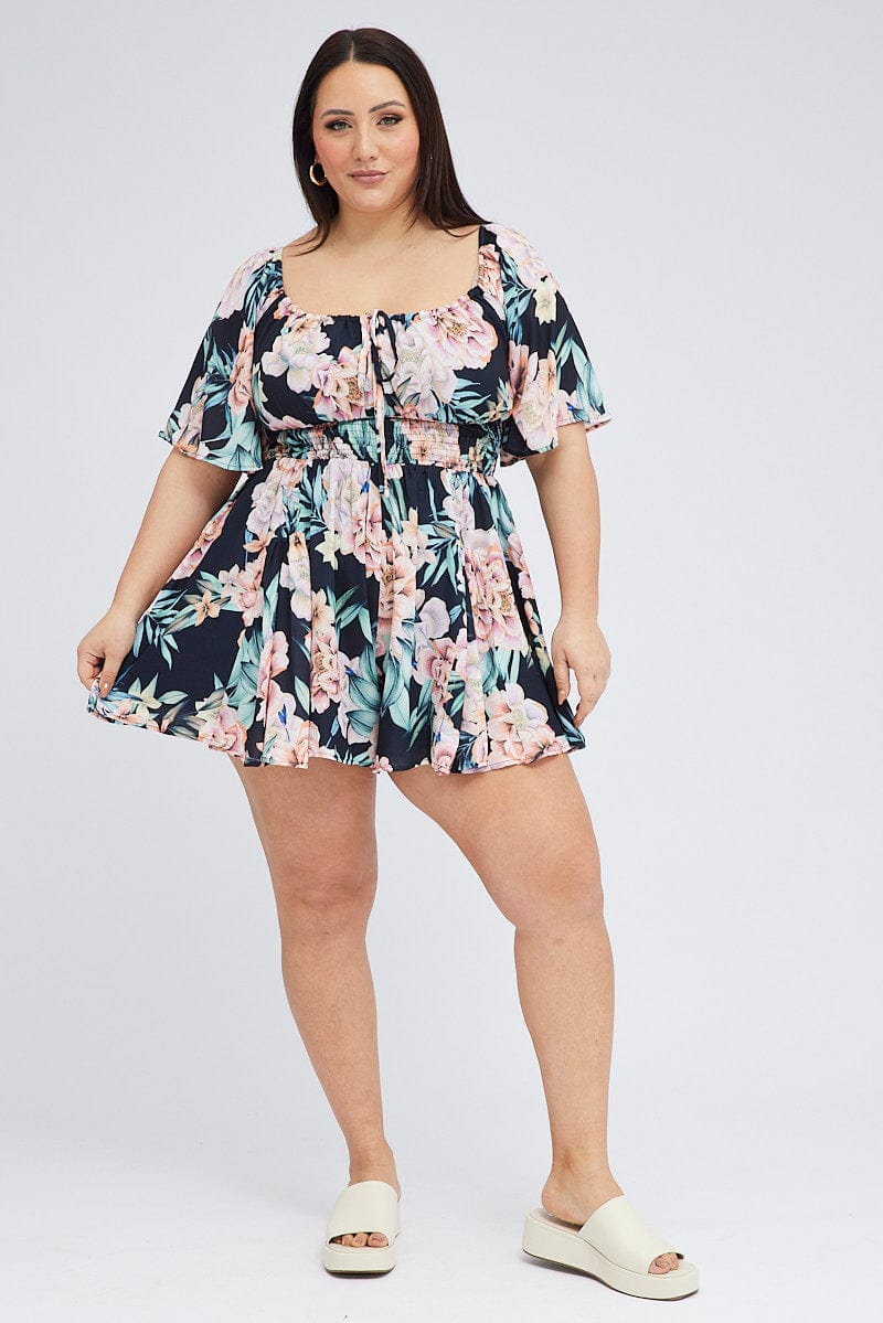 Black Floral Ruched Playsuit Short Sleeve for YouandAll Fashion