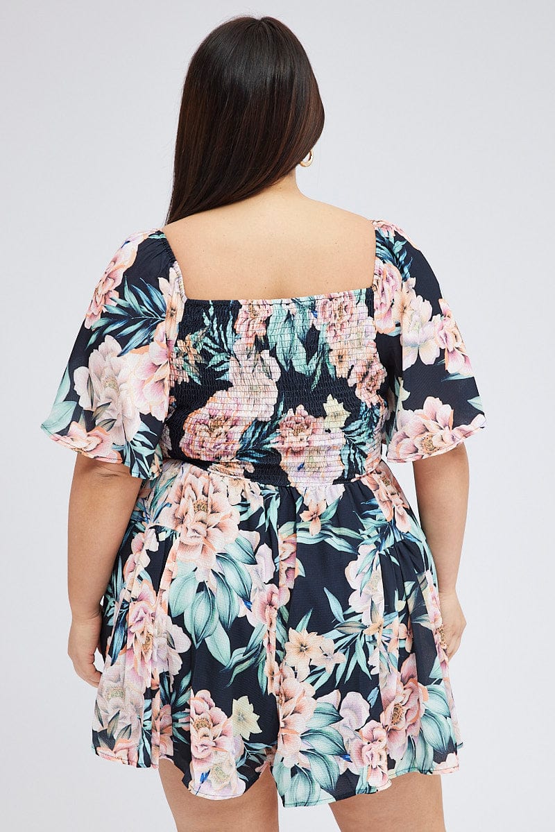 Black Floral Ruched Playsuit Short Sleeve for YouandAll Fashion