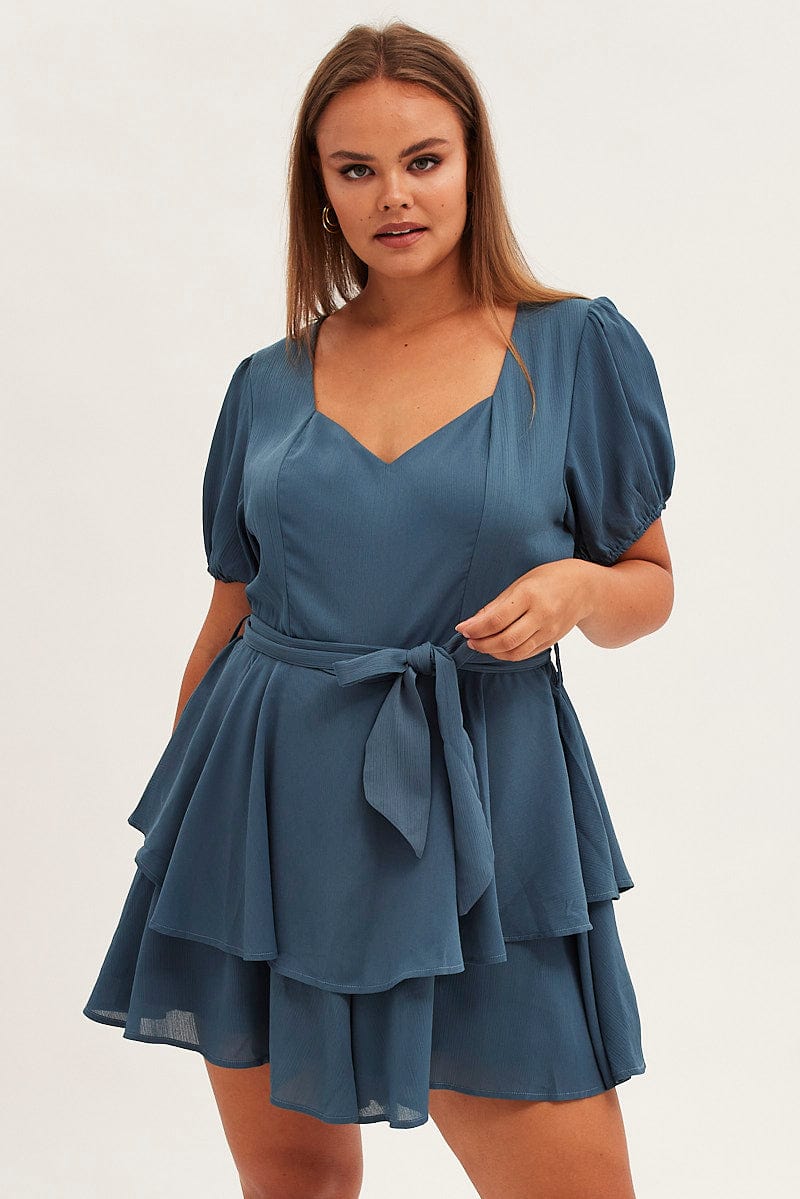 Blue Ruffle Playsuit Short Sleeve Sweetheart Neck for YouandAll Fashion