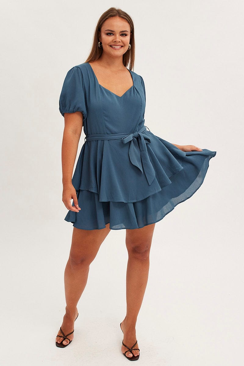 Blue Ruffle Playsuit Short Sleeve Sweetheart Neck for YouandAll Fashion