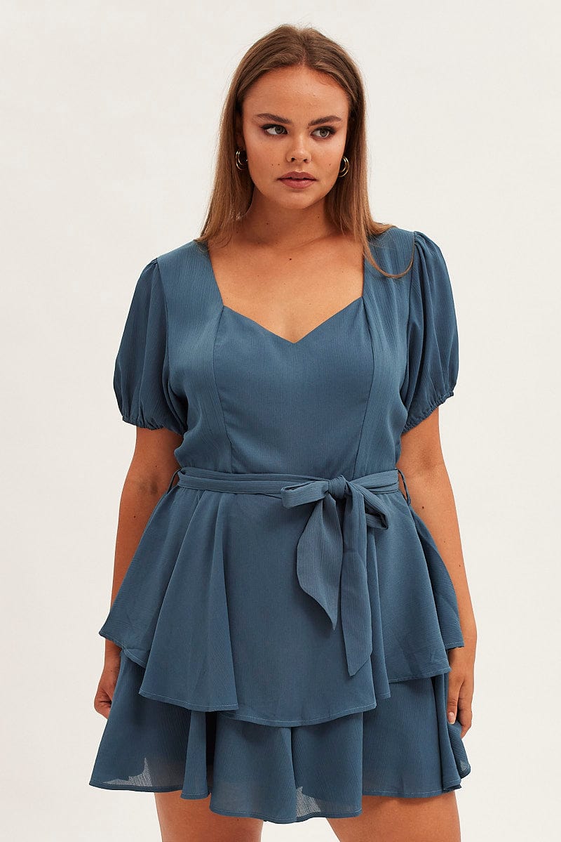 Blue Ruffle Playsuit Short Sleeve Sweetheart Neck for YouandAll Fashion