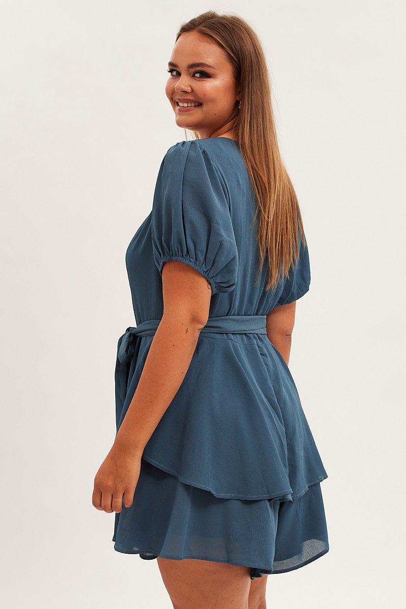 Blue Ruffle Playsuit Short Sleeve Sweetheart Neck for YouandAll Fashion