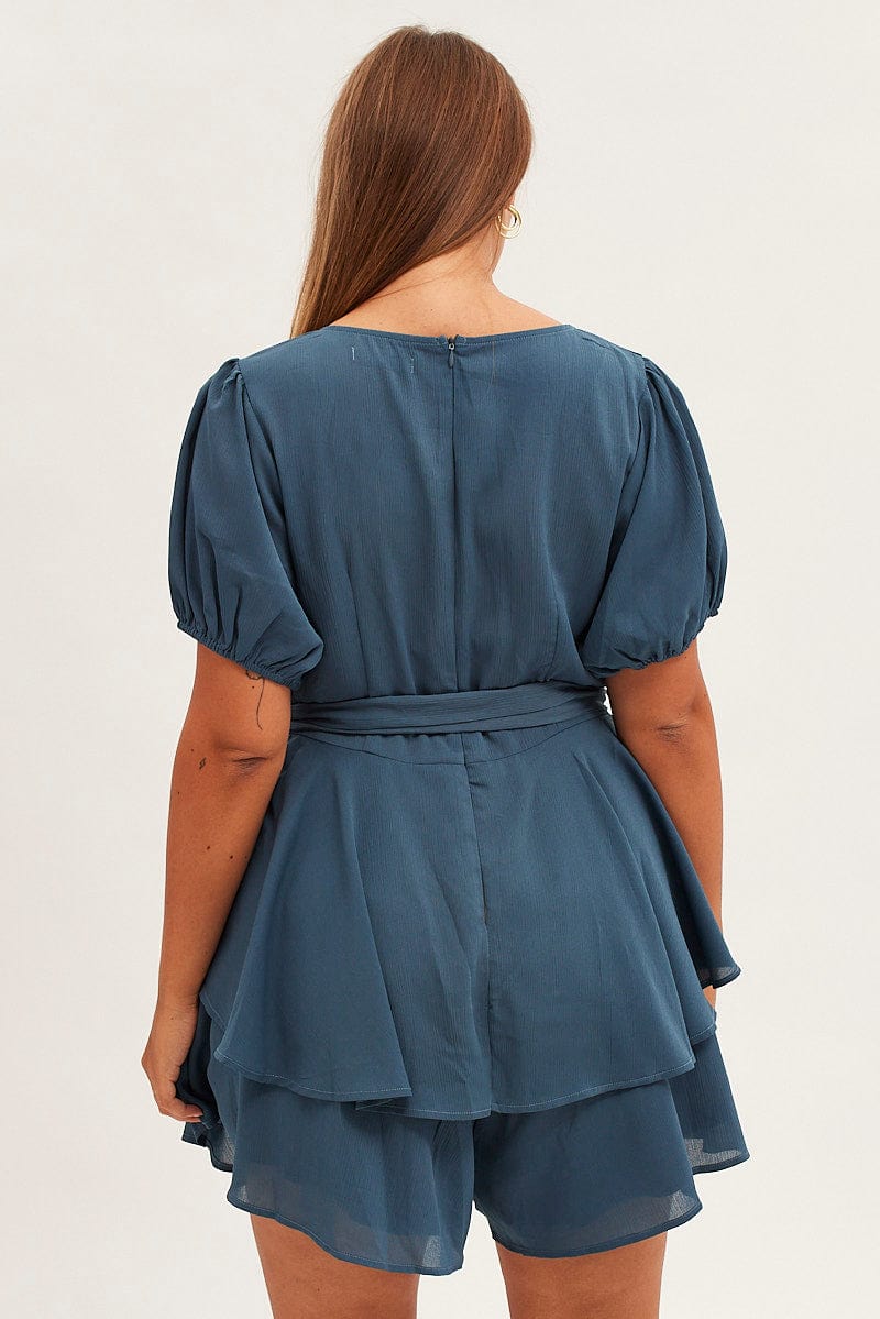 Blue Ruffle Playsuit Short Sleeve Sweetheart Neck for YouandAll Fashion