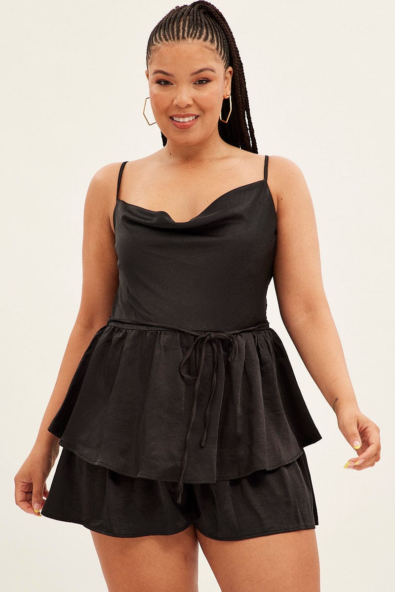 Black Ruffle Playsuit Sleeveless Cowl Neck Satin for YouandAll Fashion