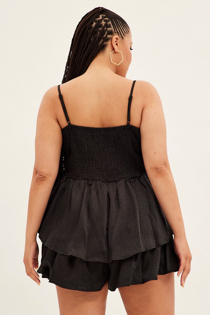 Black Ruffle Playsuit Sleeveless Cowl Neck Satin for YouandAll Fashion