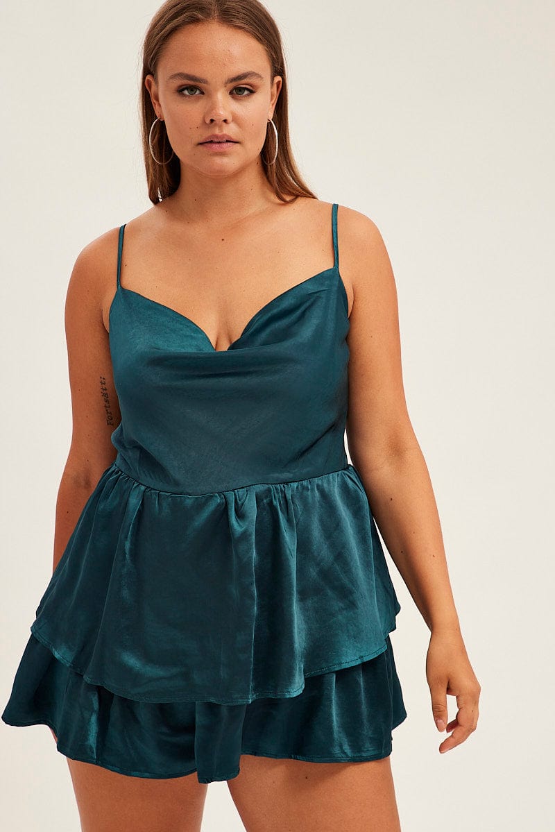 Blue Ruffle Playsuit Sleeveless Cowl Neck Satin for YouandAll Fashion