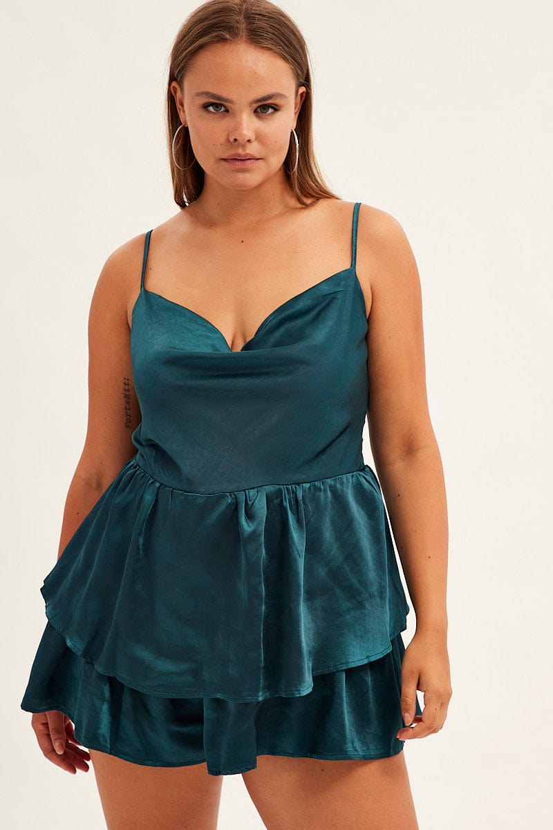 Blue Ruffle Playsuit Sleeveless Cowl Neck Satin for YouandAll Fashion