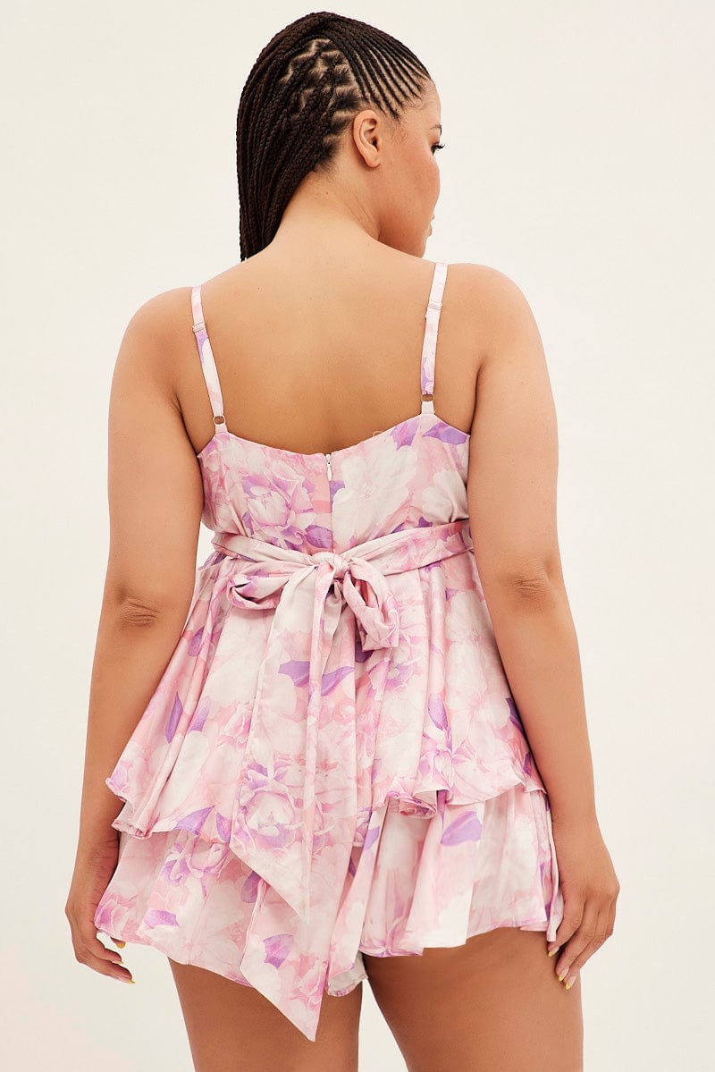 Pink Floral Ruffle Playsuit Sleeveless Tie Back for YouandAll Fashion