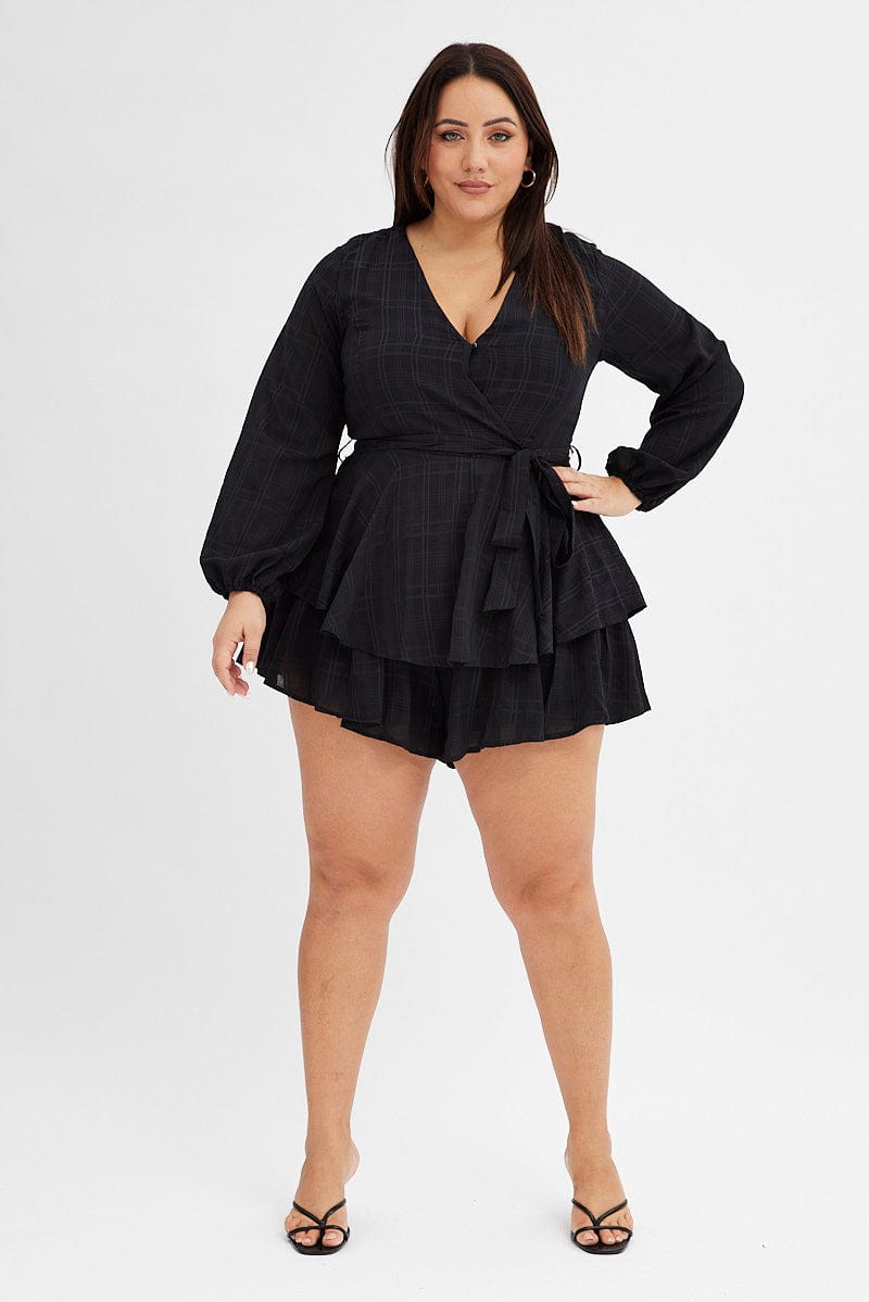 Black Ruffle Playsuit Long Sleeve Wrap Front for YouandAll Fashion