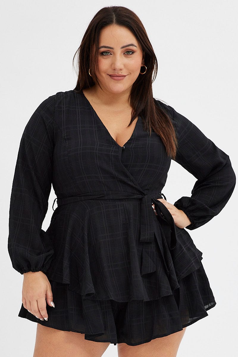 Black Ruffle Playsuit Long Sleeve Wrap Front for YouandAll Fashion