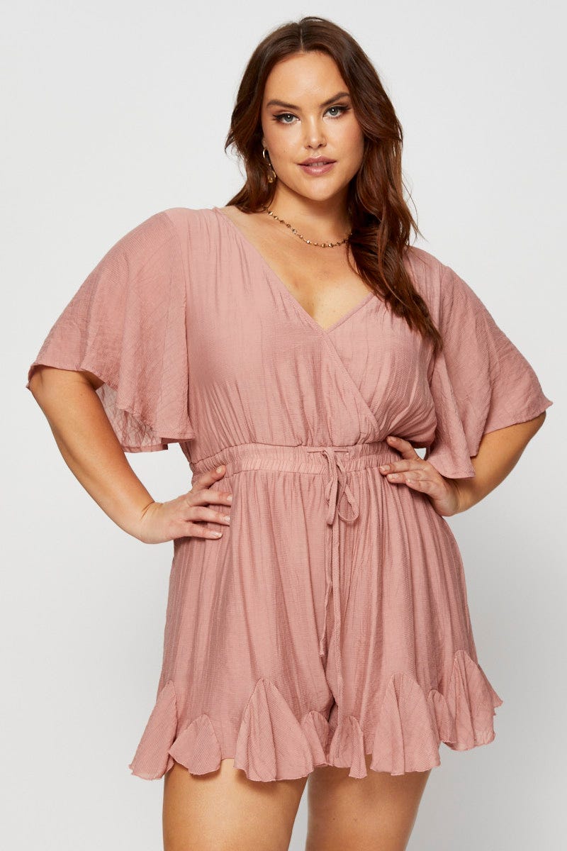 Pink Ruffle Playsuit V-Neck Bell Sleeve For Women By You And All