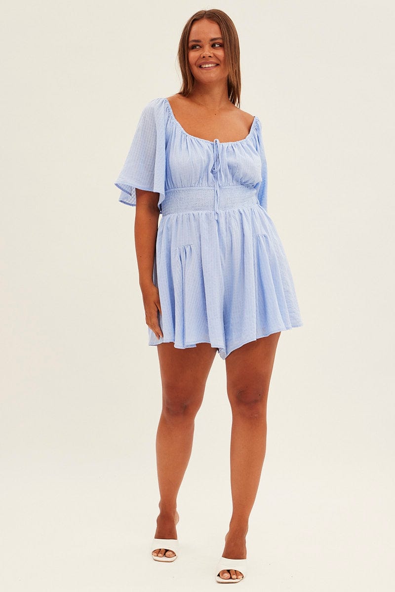 Blue Ruffle Playsuit Short Sleeve Gathered Bust for YouandAll Fashion