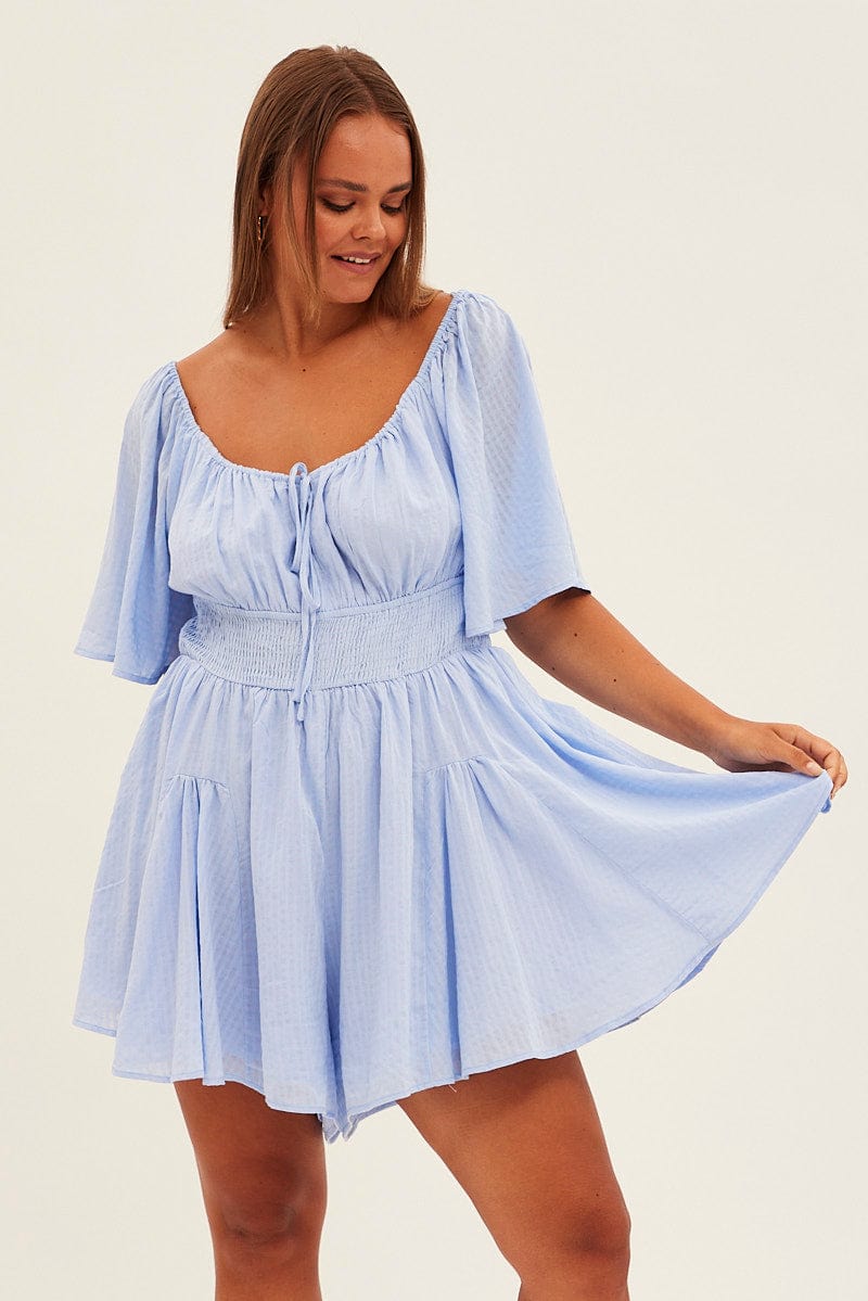 Blue Ruffle Playsuit Short Sleeve Gathered Bust for YouandAll Fashion