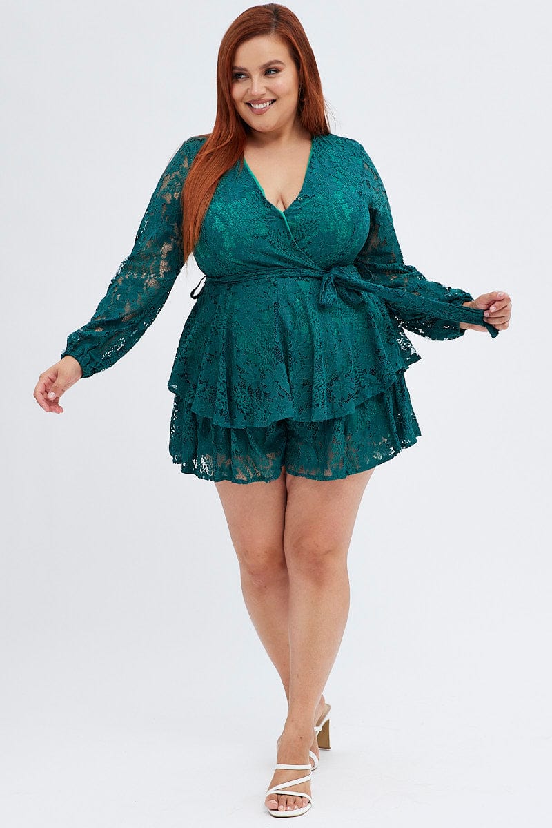 Green Wrap Playsuit Long Sleeve Lace for YouandAll Fashion