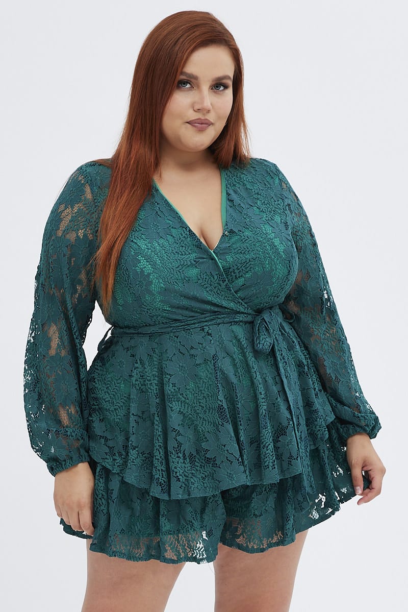 Green Wrap Playsuit Long Sleeve Lace for YouandAll Fashion