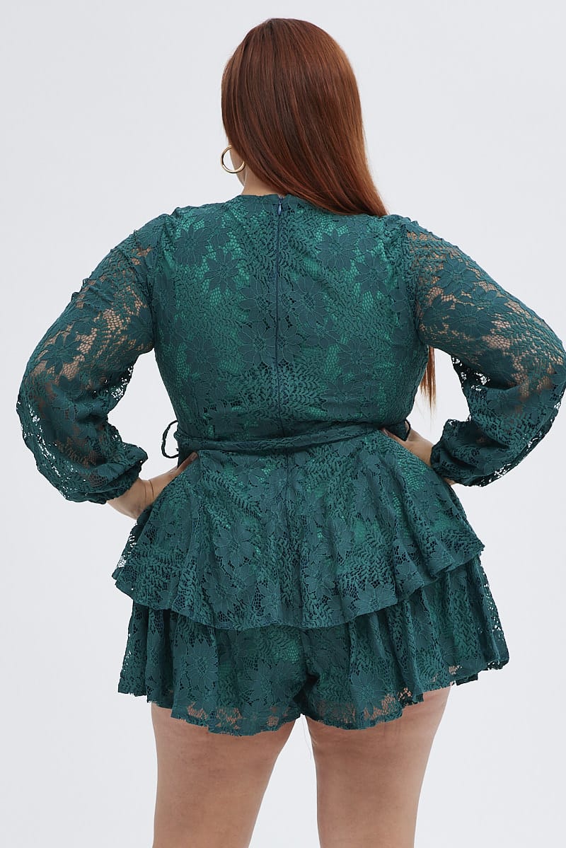 Green Wrap Playsuit Long Sleeve Lace for YouandAll Fashion