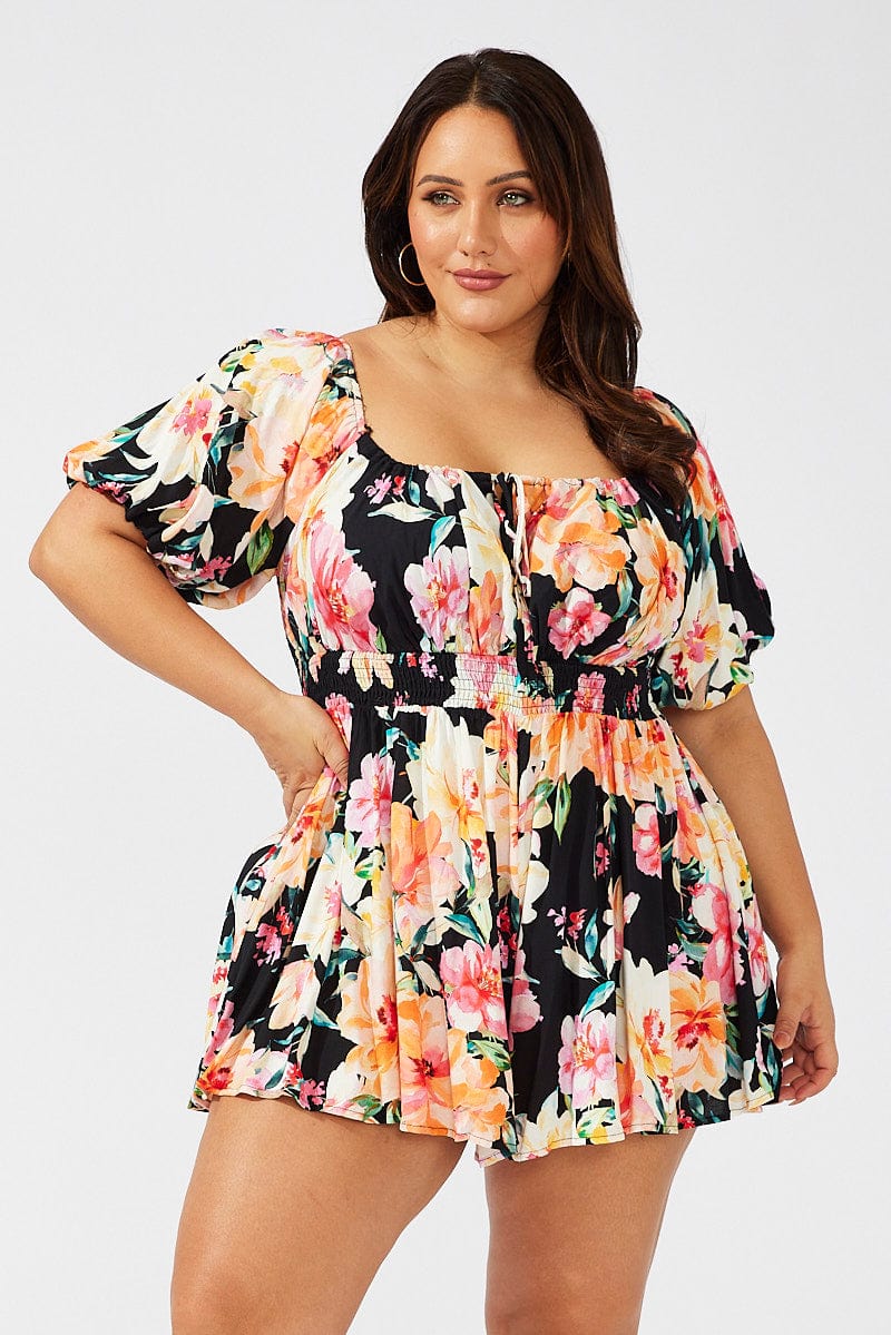 Black Floral Ruffle Playsuit Short Sleeve Ruched Bust for YouandAll Fashion