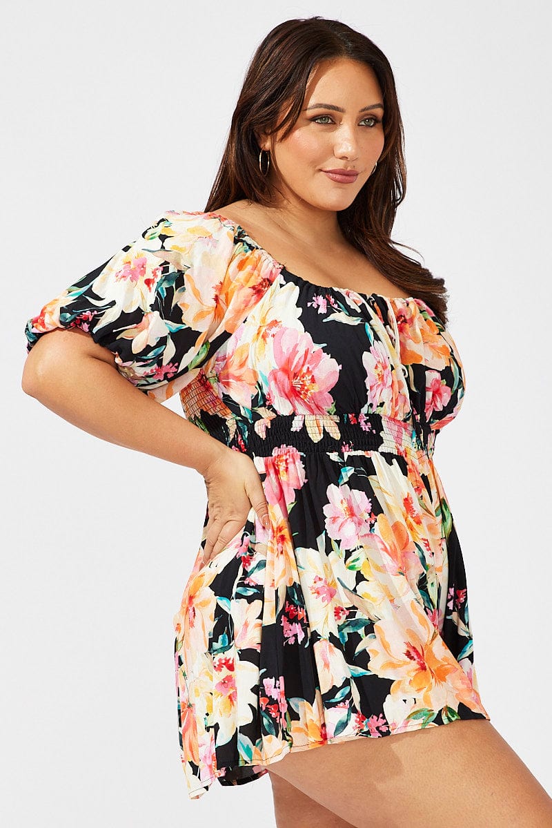 Black Floral Ruffle Playsuit Short Sleeve Ruched Bust for YouandAll Fashion