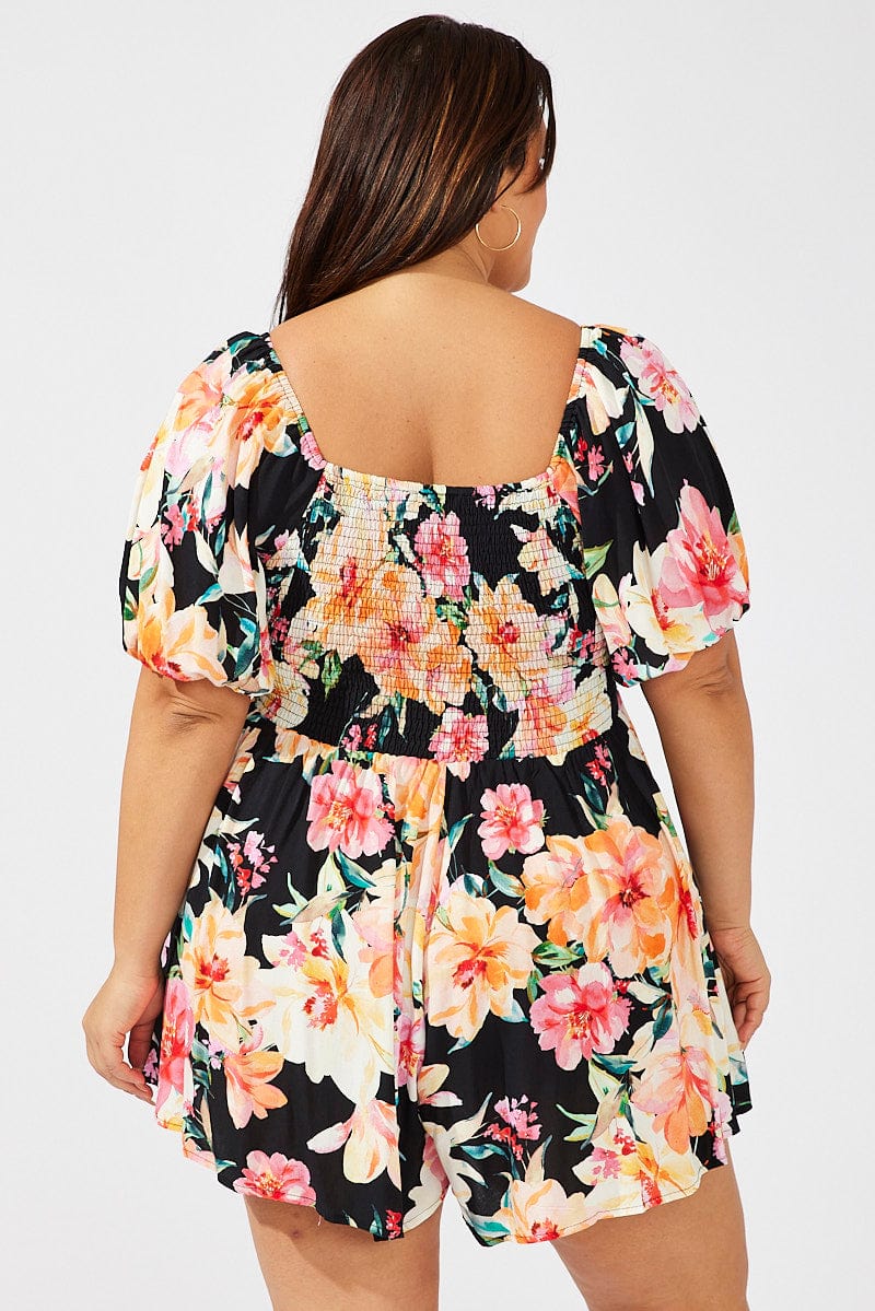 Black Floral Ruffle Playsuit Short Sleeve Ruched Bust for YouandAll Fashion