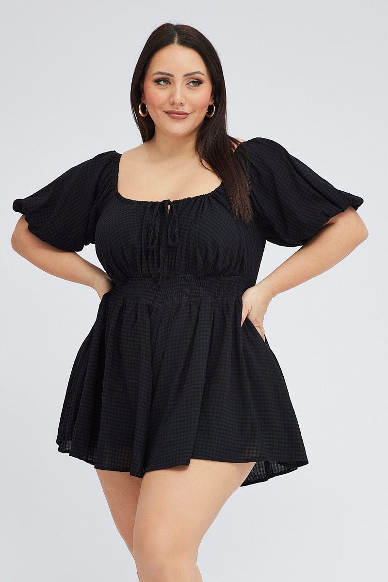Black Shirred Playsuit Short Sleeve Self Check for YouandAll Fashion