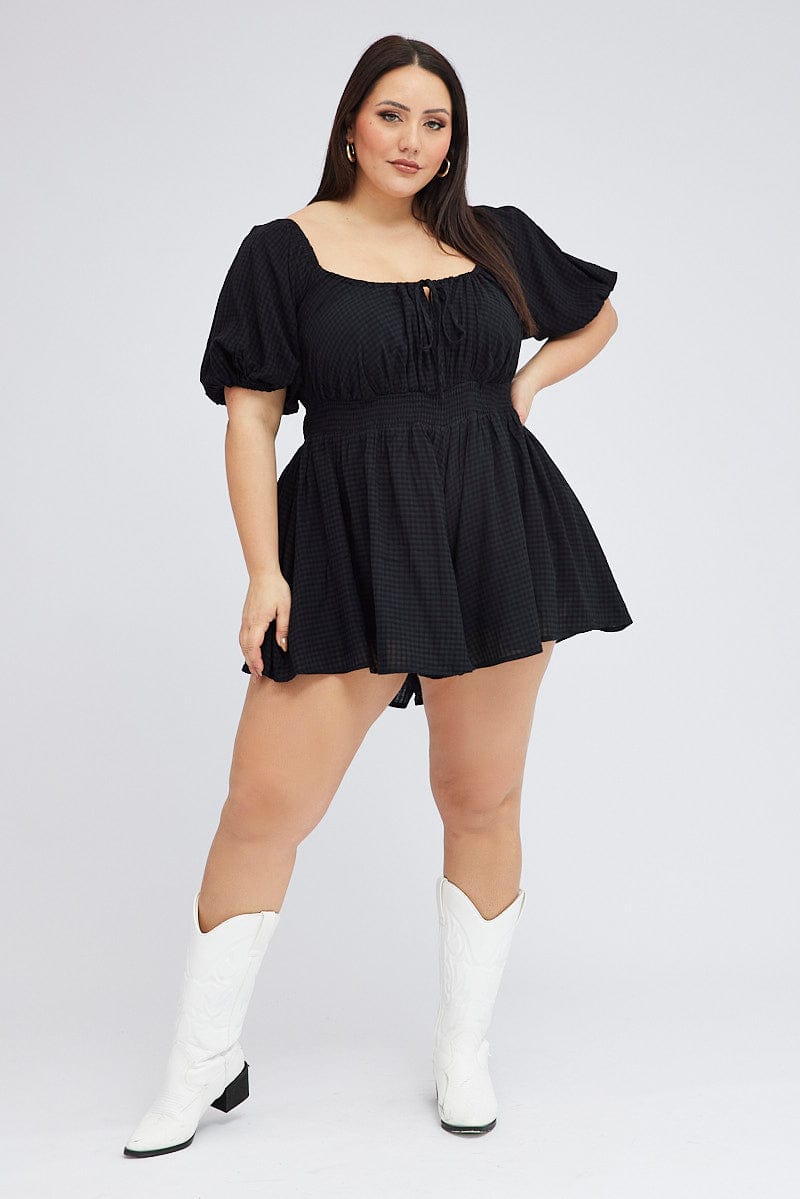 Black Shirred Playsuit Short Sleeve Self Check for YouandAll Fashion