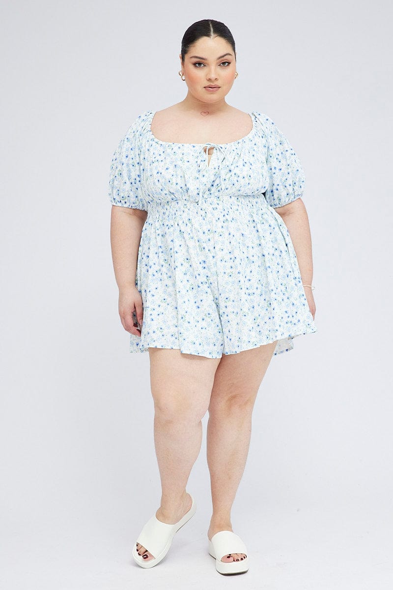 Blue Ditsy Ruched Playsuit Short Sleeve for YouandAll Fashion