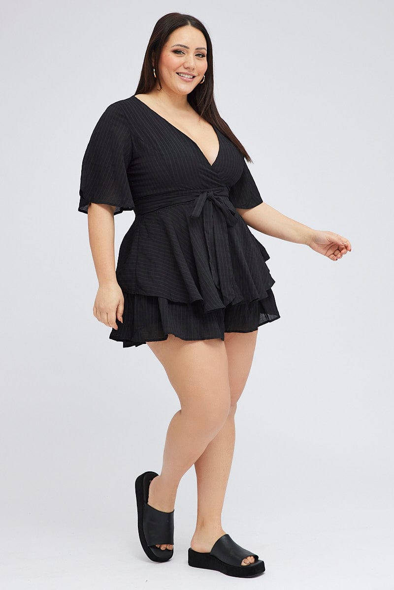Black Ruffle Playsuit Short Sleeve Wrap Front for YouandAll Fashion