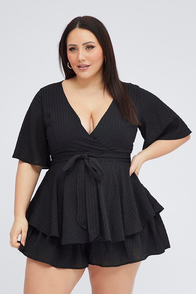 Black Ruffle Playsuit Short Sleeve Wrap Front for YouandAll Fashion