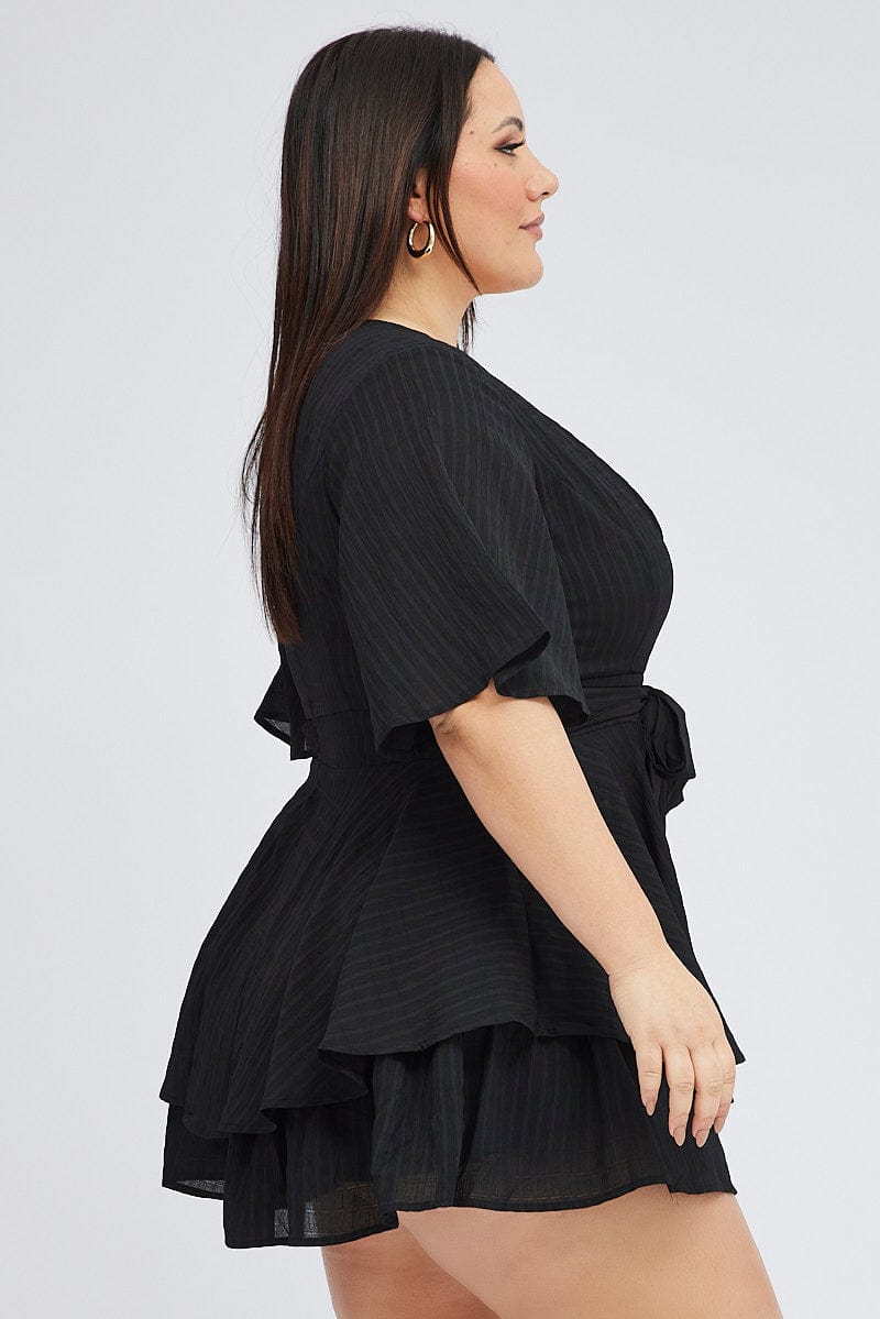 Black Ruffle Playsuit Short Sleeve Wrap Front for YouandAll Fashion