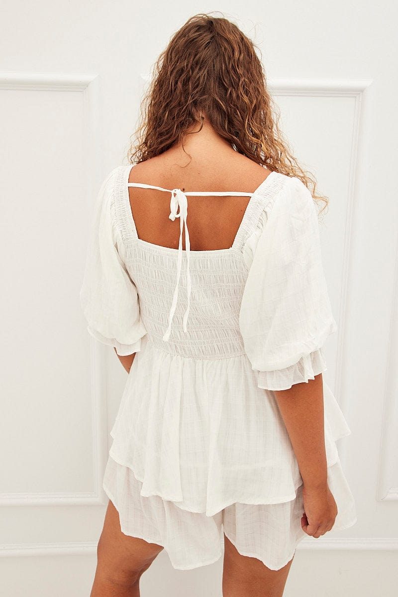 White Shirred Playsuit Short Sleeve Square Neck for YouandAll Fashion