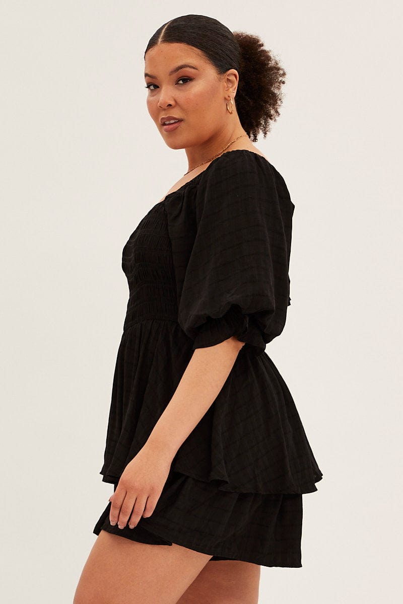 Black Shirred Playsuit Short Sleeve Square Neck for YouandAll Fashion