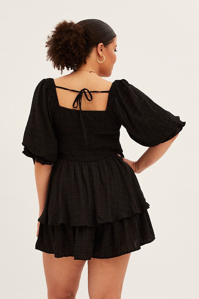 Black Shirred Playsuit Short Sleeve Square Neck for YouandAll Fashion