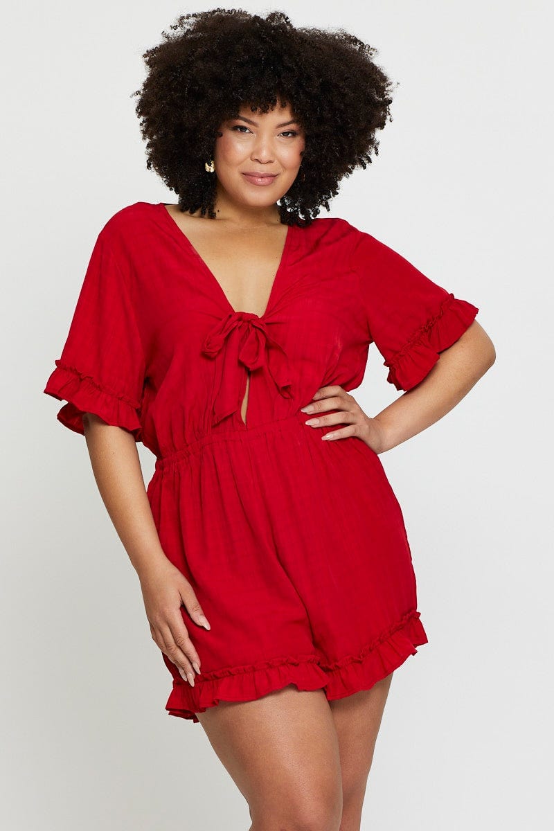 Red Playsuit V-Neck Short Sleeve Ruffle Hem For Women By You And All