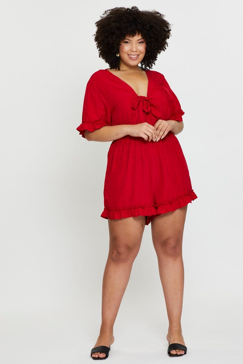 Red Playsuit V-Neck Short Sleeve Ruffle Hem For Women By You And All