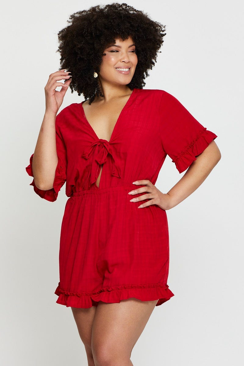 Red Playsuit V-Neck Short Sleeve Ruffle Hem For Women By You And All