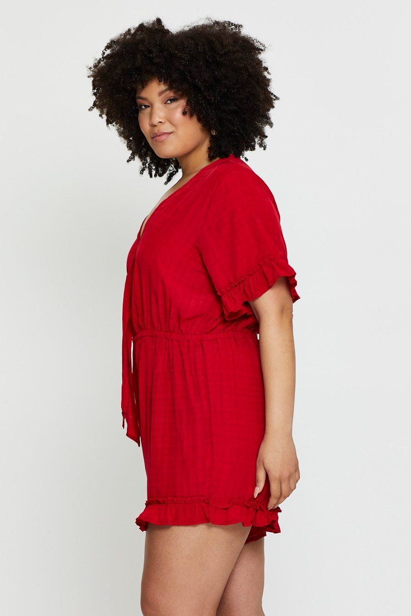 Red Playsuit V-Neck Short Sleeve Ruffle Hem For Women By You And All