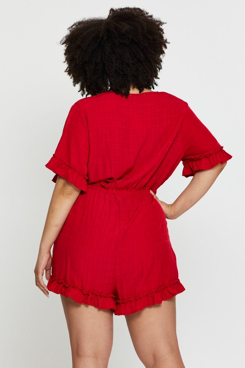 Red Playsuit V-Neck Short Sleeve Ruffle Hem For Women By You And All