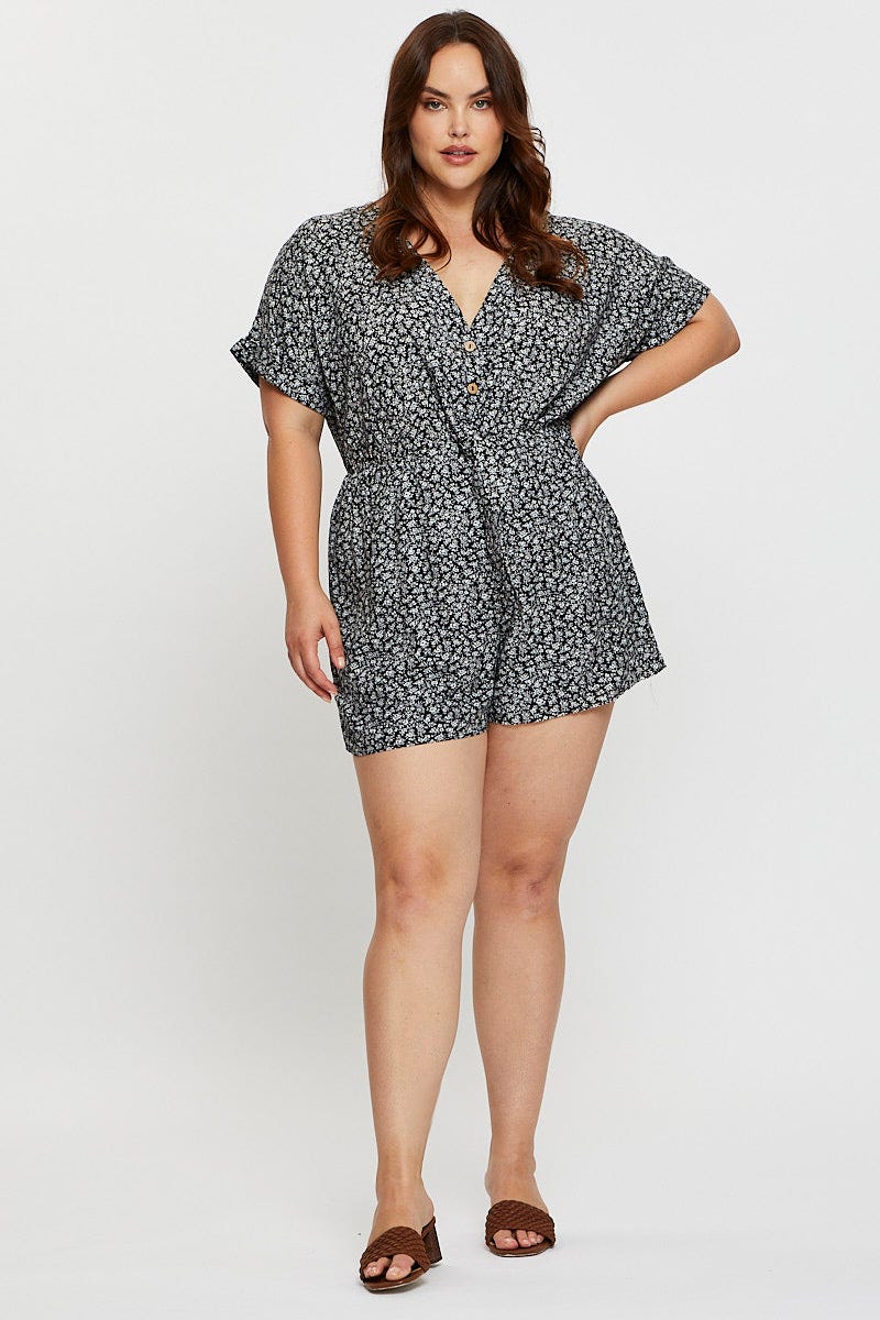 Ditsy Prt Playsuit V-Neck Short Sleeve For Women By You And All