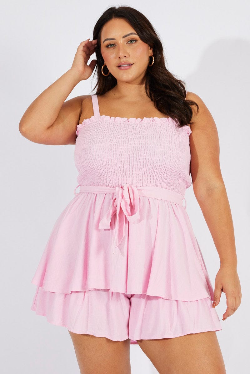 Pink Shirred Bodice Playsuit Frill Shorts Tie Waist for YouandAll Fashion