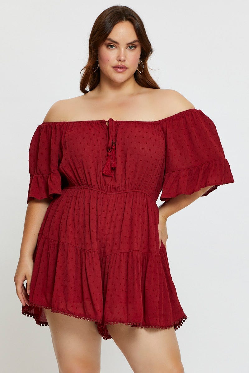 Red Playsuit Off Shoulder Short Sleeve Tie Front For Women By You And All