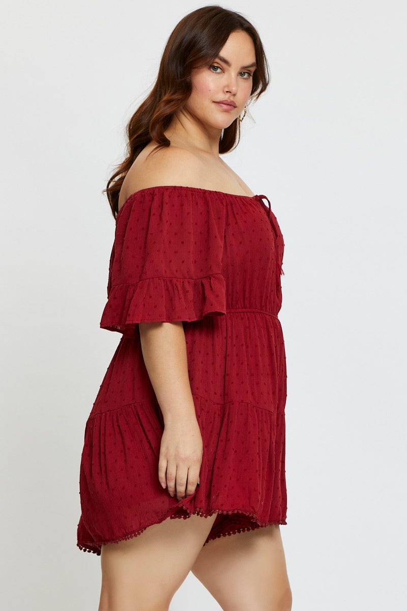 Red Playsuit Off Shoulder Short Sleeve Tie Front For Women By You And All