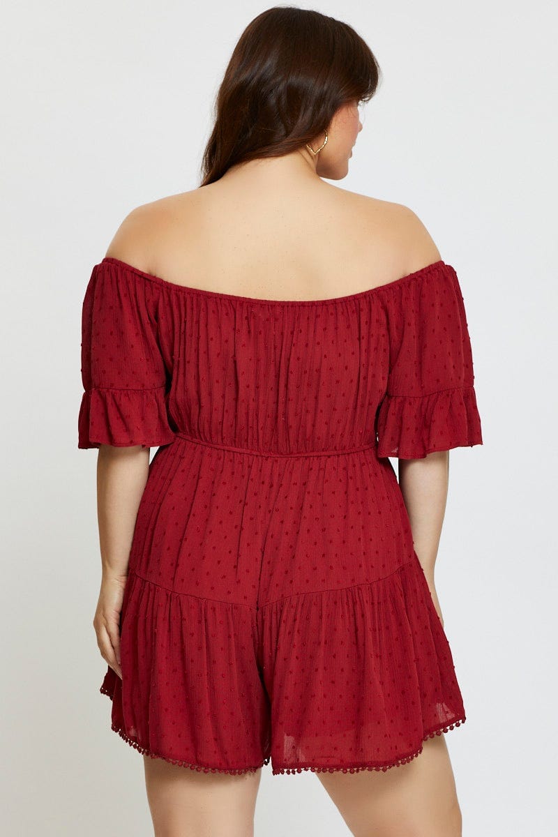 Red Playsuit Off Shoulder Short Sleeve Tie Front For Women By You And All