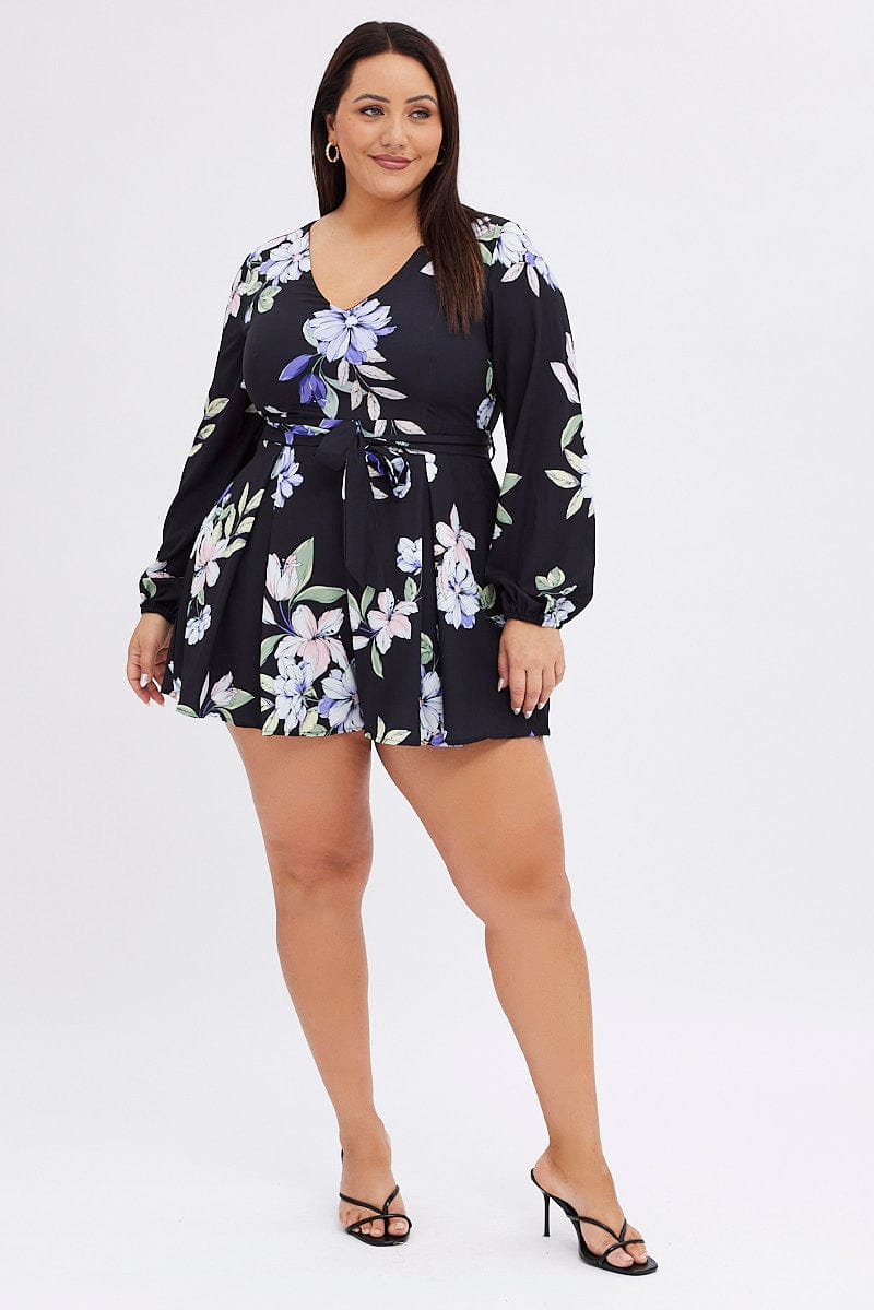 Black Floral Playsuit Long Sleeve V-Neck for YouandAll Fashion