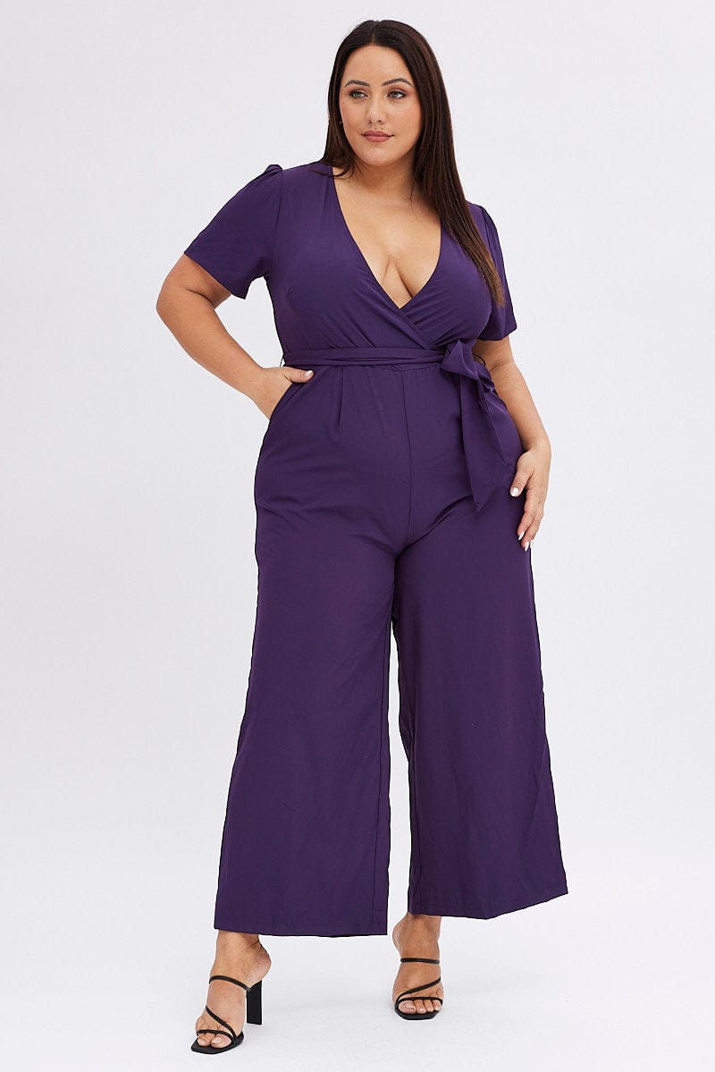 Purple Wideleg Jumpsuit Short Sleeve Wrapover Front for YouandAll Fashion