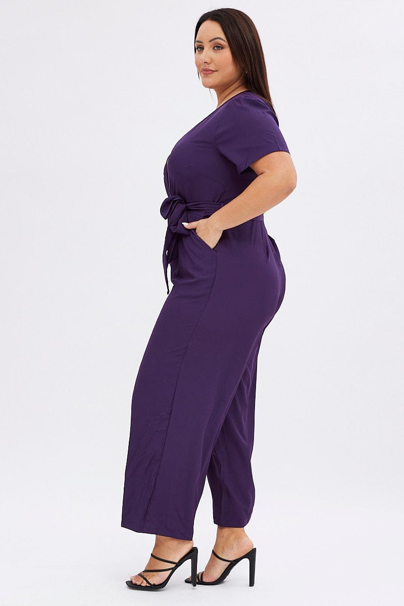 Purple Wideleg Jumpsuit Short Sleeve Wrapover Front for YouandAll Fashion