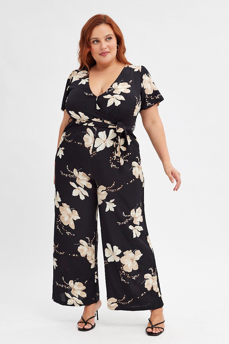 Black Floral Wideleg Jumpsuit Short Sleeve Wrapover Front for YouandAll Fashion